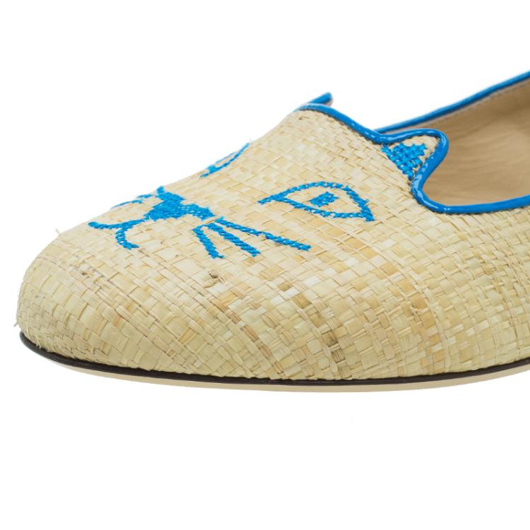 Pre Owned Charlotte Olympia Beige and Blue Raffia Kitty Flats Size 39