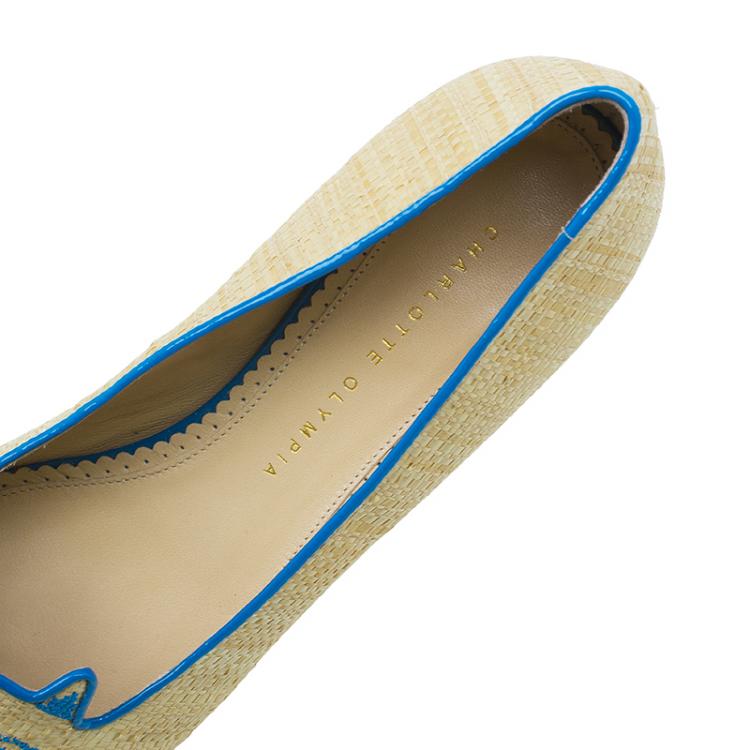 Pre Owned Charlotte Olympia Beige and Blue Raffia Kitty Flats Size 39