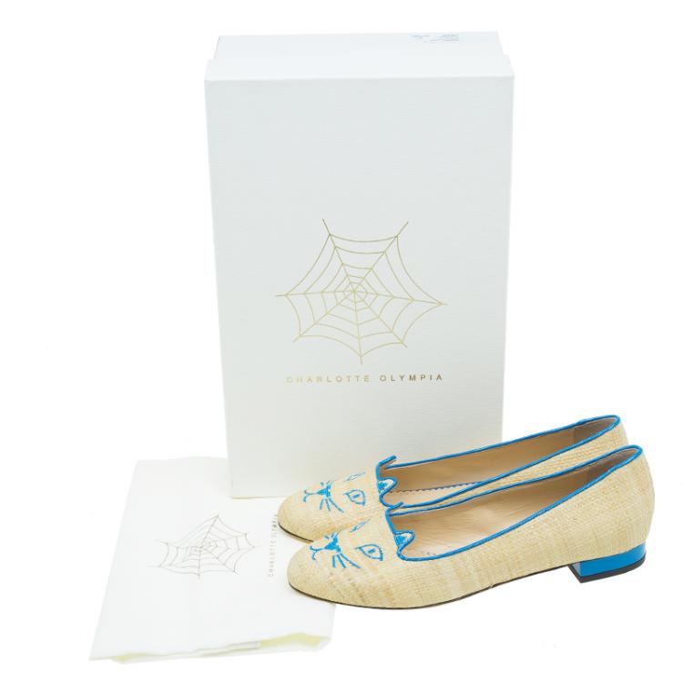 Pre Owned Charlotte Olympia Beige and Blue Raffia Kitty Flats Size 39