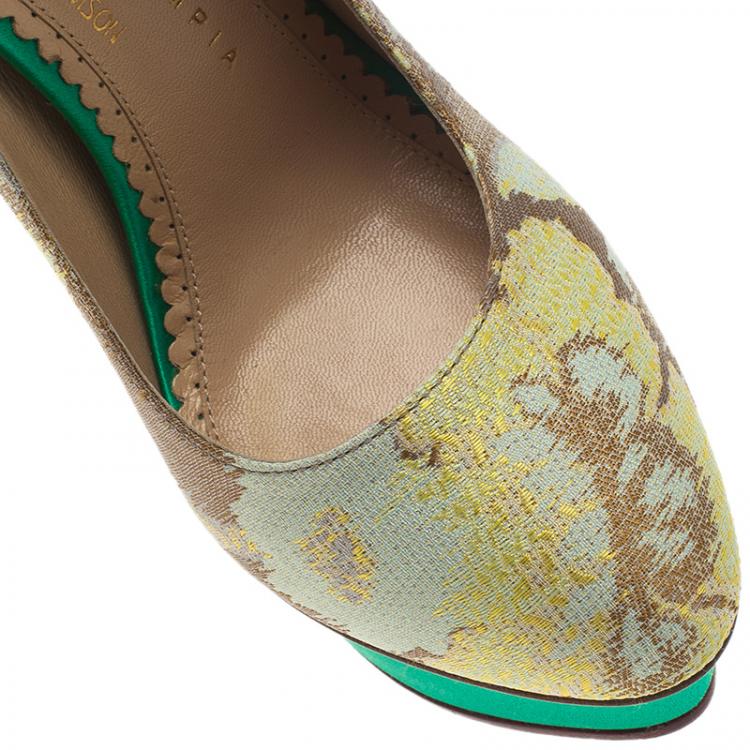 Pre Owned Charlotte Olympia X Matthew Williamson Tri Color Brocade and PVC Ankle Strap Platform Pumps Size 36