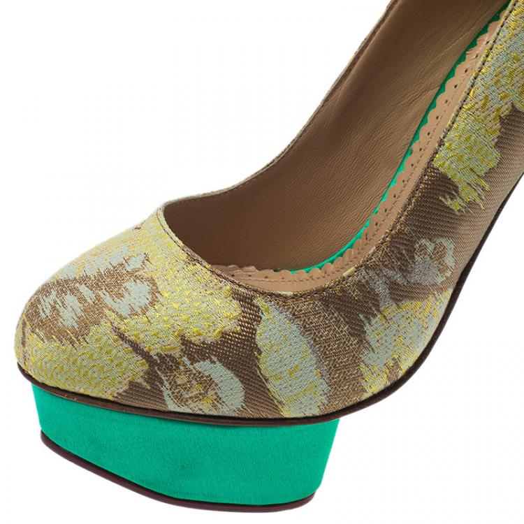 Pre Owned Charlotte Olympia X Matthew Williamson Tri Color Brocade and PVC Ankle Strap Platform Pumps Size 36