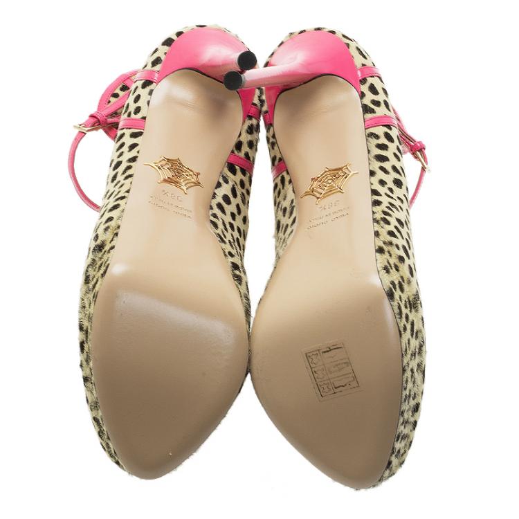 Pre Owned Charlotte Olympia Leopard Pony Hair Lucille Ankle Strap Platform Pumps Size 38.5
