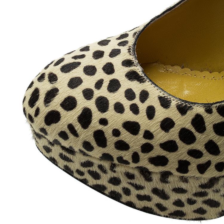 Pre Owned Charlotte Olympia Leopard Pony Hair Lucille Ankle Strap Platform Pumps Size 38.5