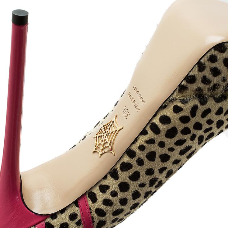Pre Owned Charlotte Olympia Leopard Pony Hair Lucille Ankle Strap Platform Pumps Size 38.5