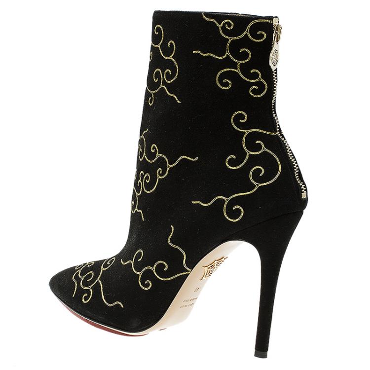 Pre Owned Charlotte Olympia Black Embroidered Suede Betsy Ankle Boots Size 40 