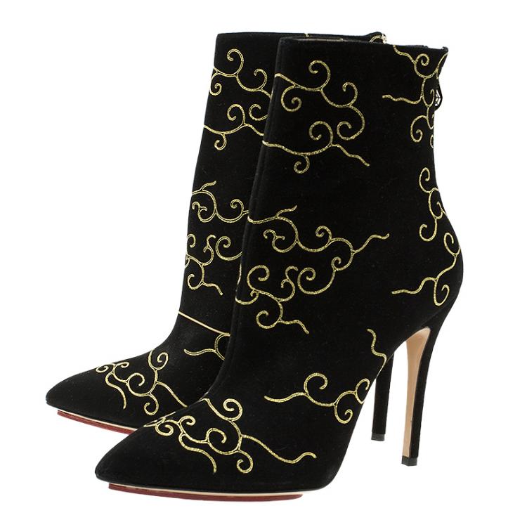 Pre Owned Charlotte Olympia Black Embroidered Suede Betsy Ankle Boots Size 40 