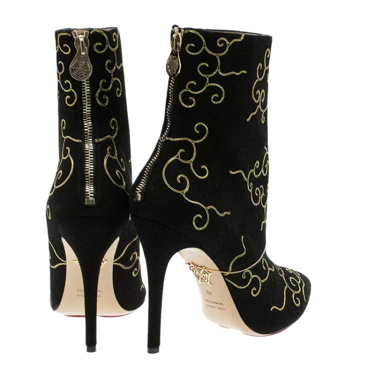 Pre Owned Charlotte Olympia Black Embroidered Suede Betsy Ankle Boots Size 40 