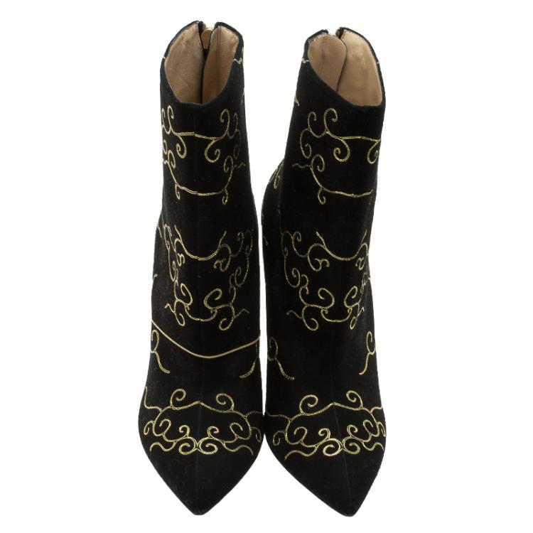 Pre Owned Charlotte Olympia Black Embroidered Suede Betsy Ankle Boots Size 40 