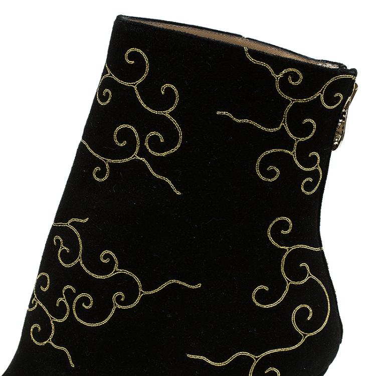 Pre Owned Charlotte Olympia Black Embroidered Suede Betsy Ankle Boots Size 40 