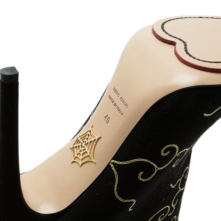 Pre Owned Charlotte Olympia Black Embroidered Suede Betsy Ankle Boots Size 40 