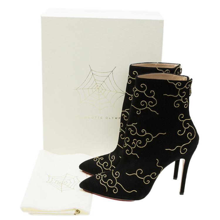 Pre Owned Charlotte Olympia Black Embroidered Suede Betsy Ankle Boots Size 40 