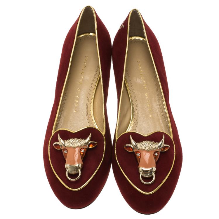 Pre Owned Charlotte Olympia Burgundy Suede Bull Smoking Slippers Size 37