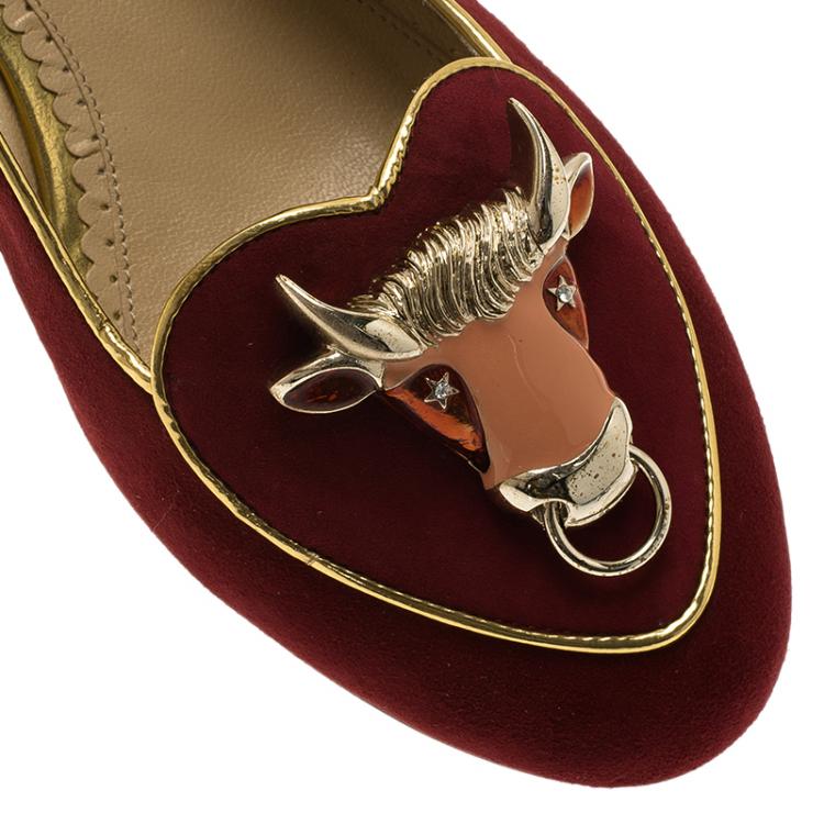 Pre Owned Charlotte Olympia Burgundy Suede Bull Smoking Slippers Size 37