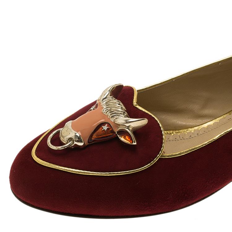 Pre Owned Charlotte Olympia Burgundy Suede Bull Smoking Slippers Size 37