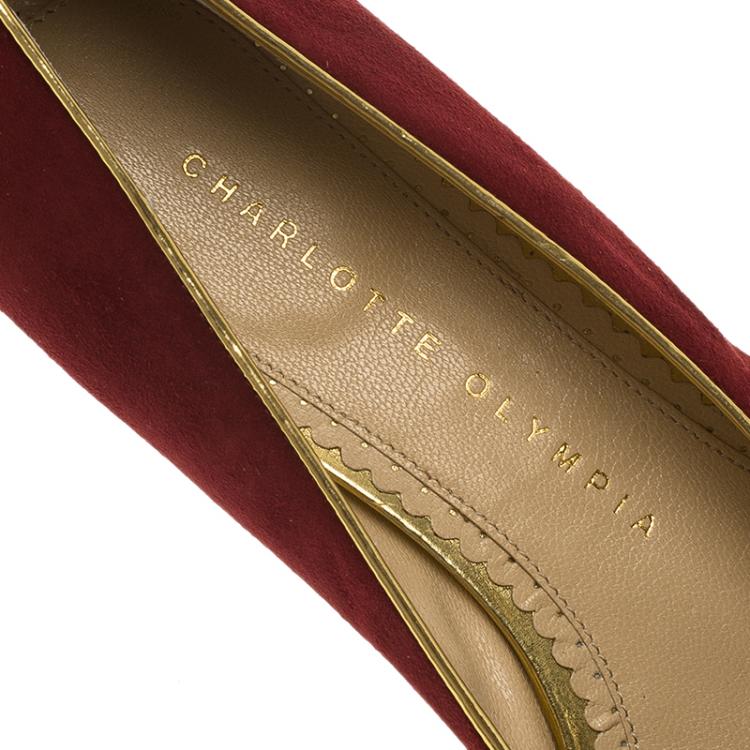 Pre Owned Charlotte Olympia Burgundy Suede Bull Smoking Slippers Size 37