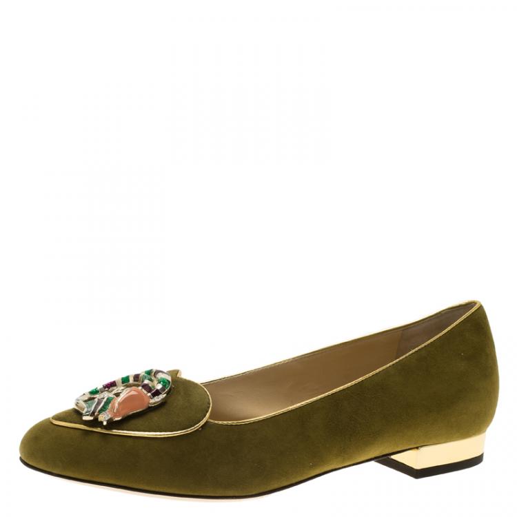 Pre Owned Charlotte Olympia Green Suede Capricorn Smoking Slippers Size 38