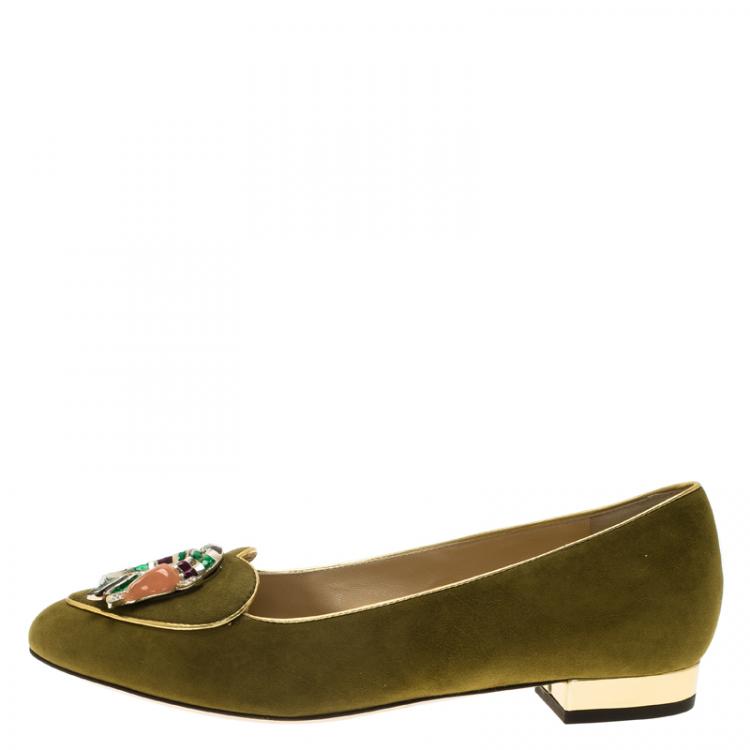 Pre Owned Charlotte Olympia Green Suede Capricorn Smoking Slippers Size 38