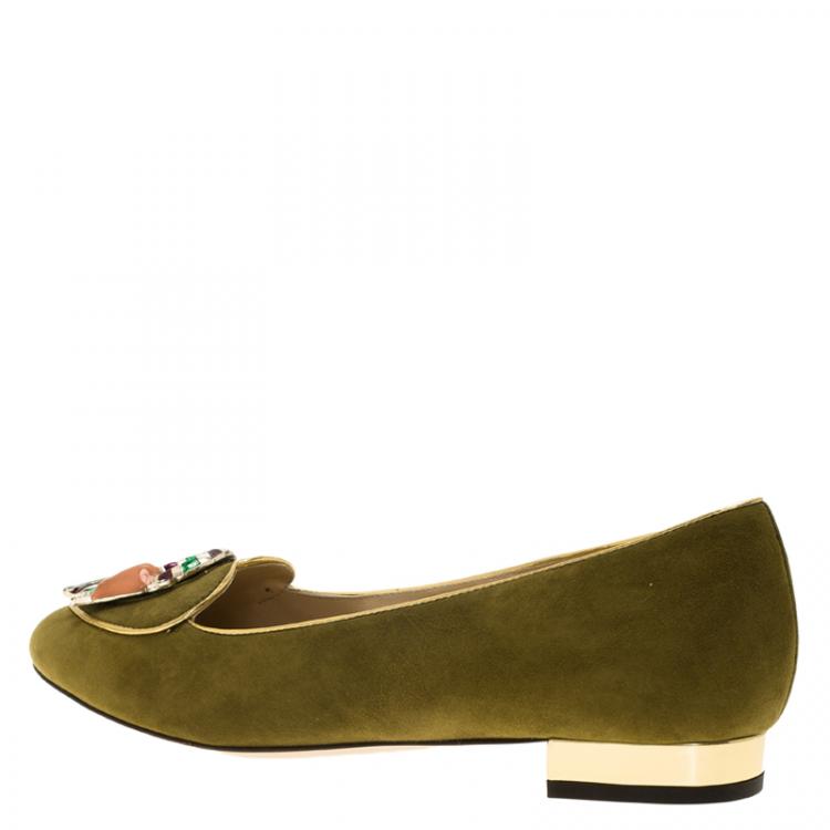 Pre Owned Charlotte Olympia Green Suede Capricorn Smoking Slippers Size 38