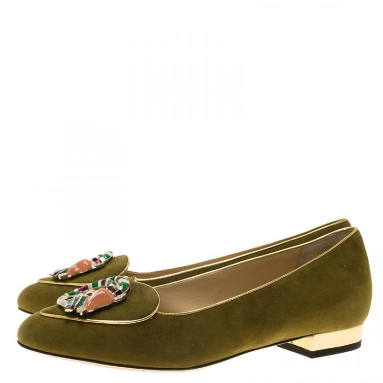 Pre Owned Charlotte Olympia Green Suede Capricorn Smoking Slippers Size 38