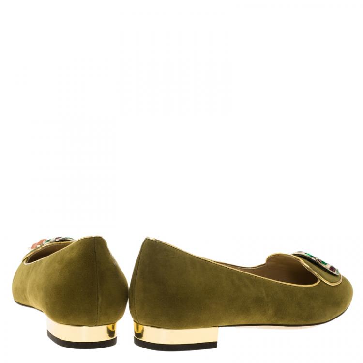 Pre Owned Charlotte Olympia Green Suede Capricorn Smoking Slippers Size 38