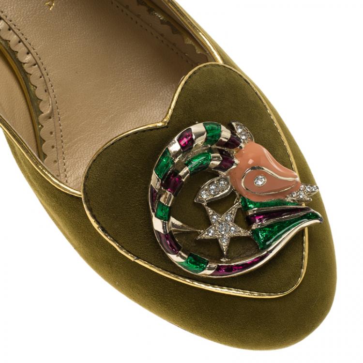 Pre Owned Charlotte Olympia Green Suede Capricorn Smoking Slippers Size 38