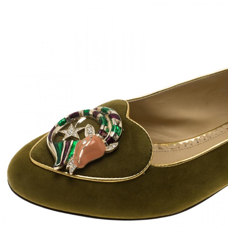 Pre Owned Charlotte Olympia Green Suede Capricorn Smoking Slippers Size 38
