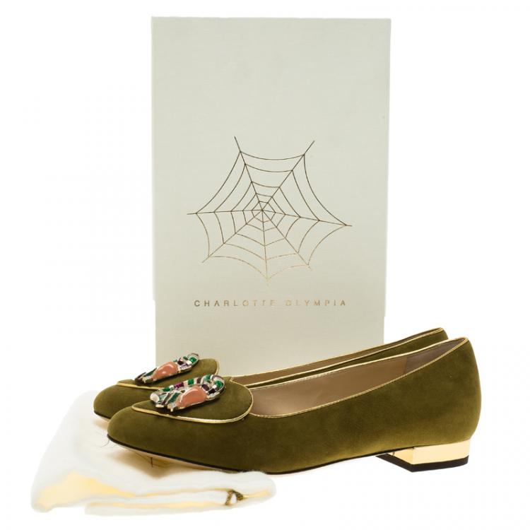 Pre Owned Charlotte Olympia Green Suede Capricorn Smoking Slippers Size 38