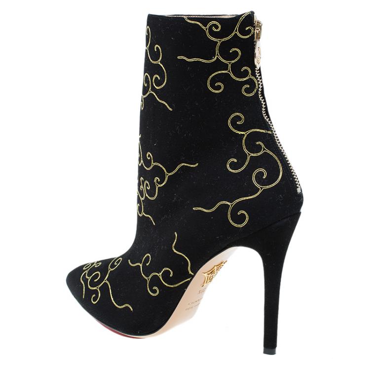 Pre Owned Charlotte Olympia Black Embroidered Suede Betsy Ankle Boots Size 38.5