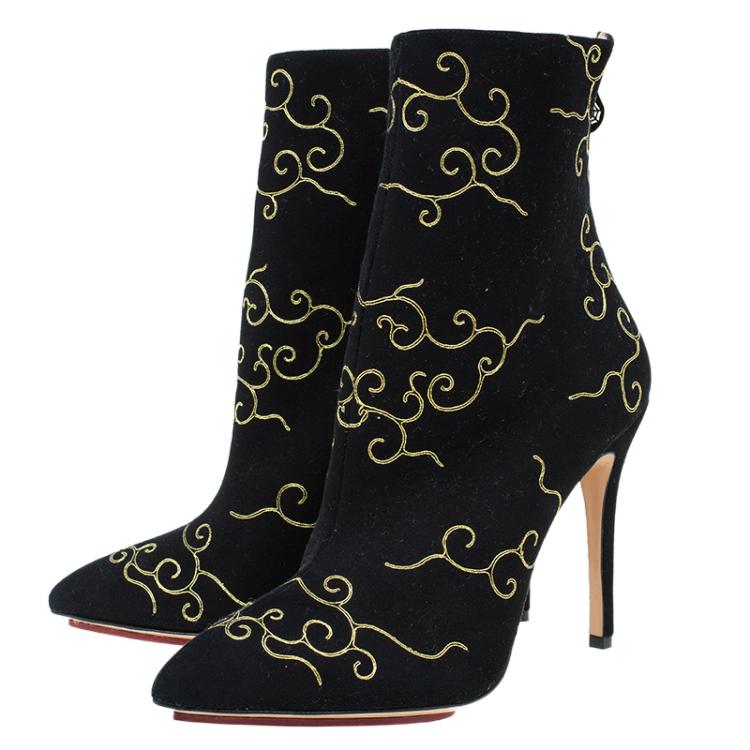 Pre Owned Charlotte Olympia Black Embroidered Suede Betsy Ankle Boots Size 38.5