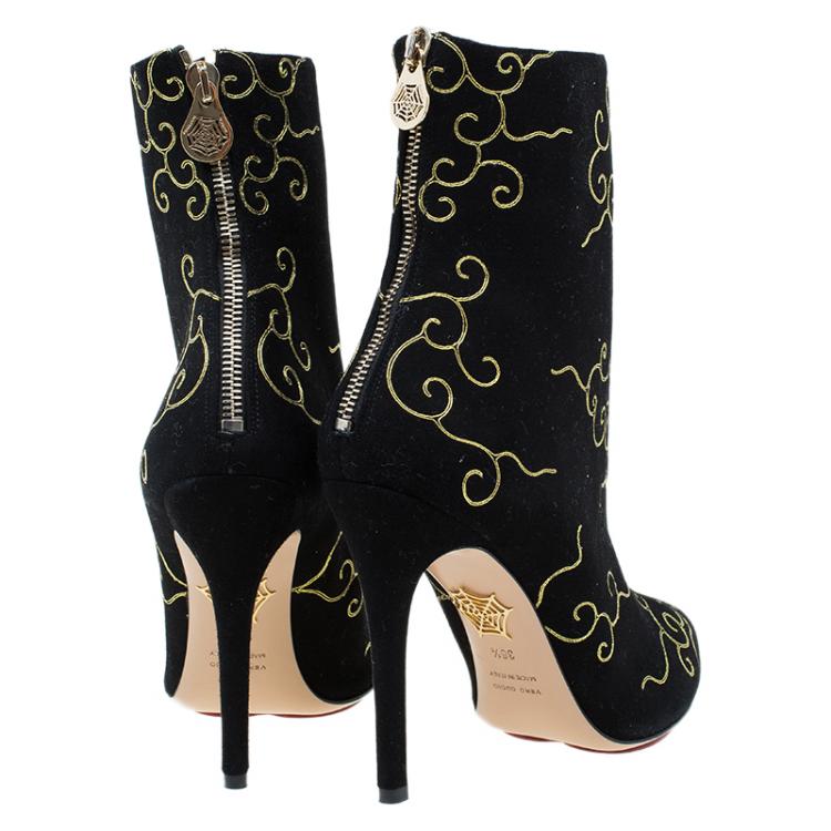 Pre Owned Charlotte Olympia Black Embroidered Suede Betsy Ankle Boots Size 38.5
