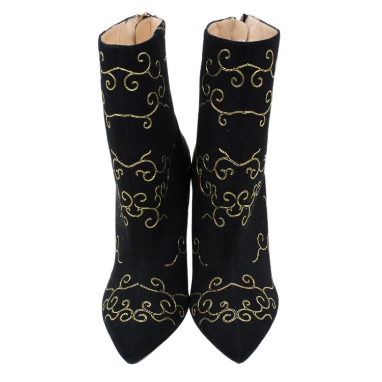 Pre Owned Charlotte Olympia Black Embroidered Suede Betsy Ankle Boots Size 38.5