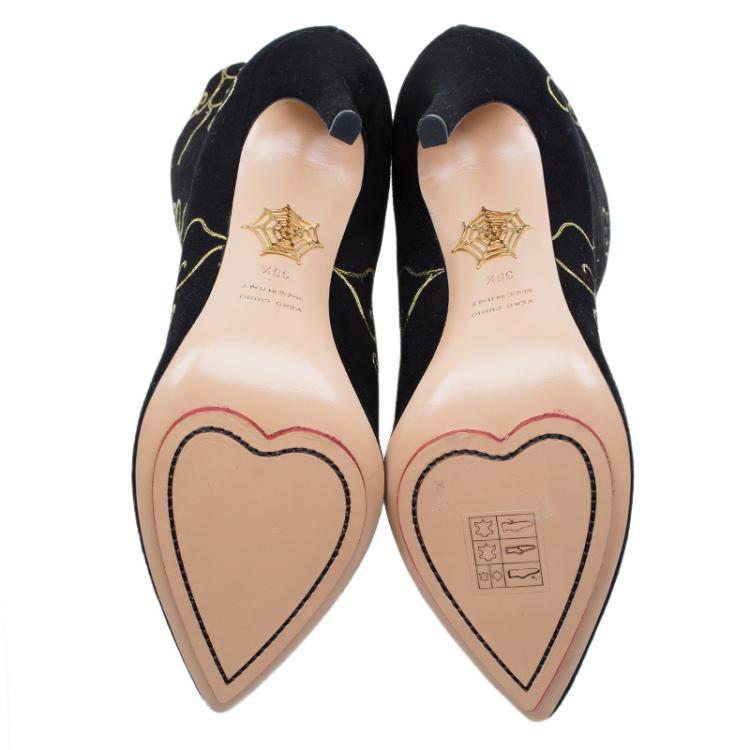 Pre Owned Charlotte Olympia Black Embroidered Suede Betsy Ankle Boots Size 38.5