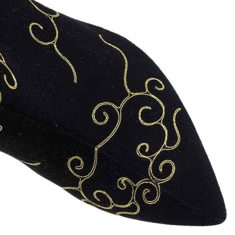 Pre Owned Charlotte Olympia Black Embroidered Suede Betsy Ankle Boots Size 38.5