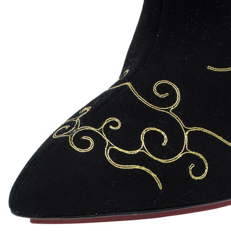 Pre Owned Charlotte Olympia Black Embroidered Suede Betsy Ankle Boots Size 38.5