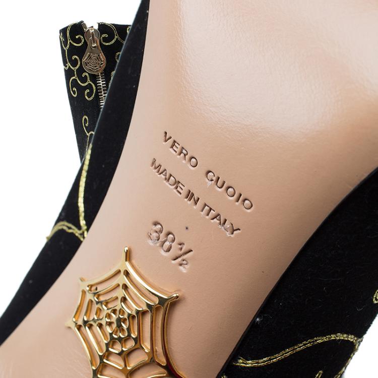 Pre Owned Charlotte Olympia Black Embroidered Suede Betsy Ankle Boots Size 38.5
