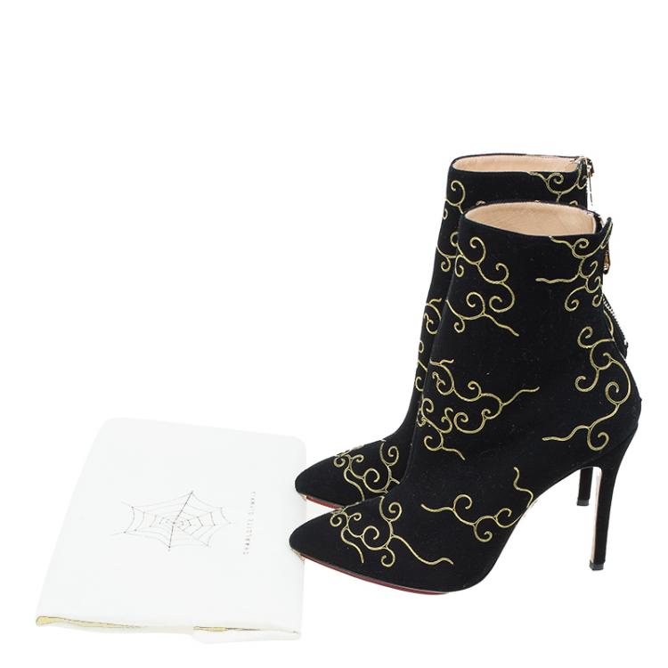 Pre Owned Charlotte Olympia Black Embroidered Suede Betsy Ankle Boots Size 38.5