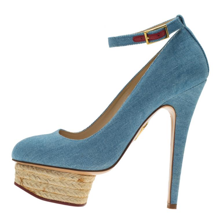 Pre Owned Charlotte Olympia Blue Denim Dolores Ankle Strap Pumps Size 36.5