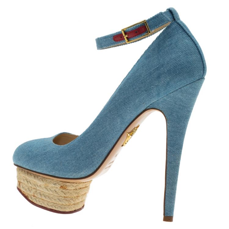 Pre Owned Charlotte Olympia Blue Denim Dolores Ankle Strap Pumps Size 36.5