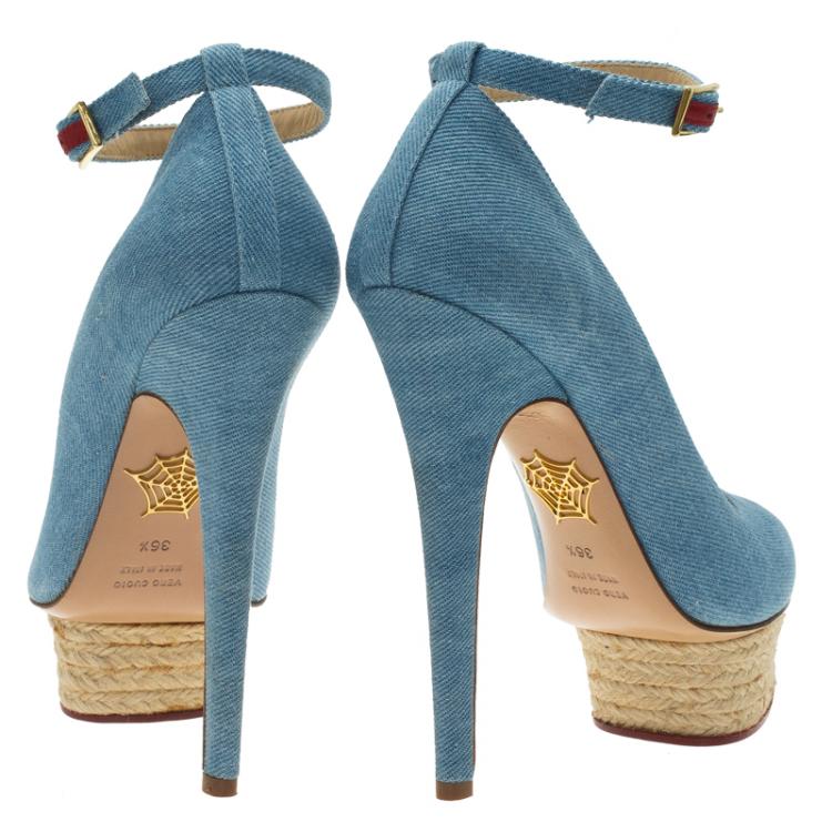 Pre Owned Charlotte Olympia Blue Denim Dolores Ankle Strap Pumps Size 36.5