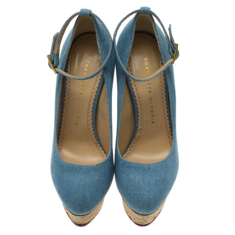 Pre Owned Charlotte Olympia Blue Denim Dolores Ankle Strap Pumps Size 36.5