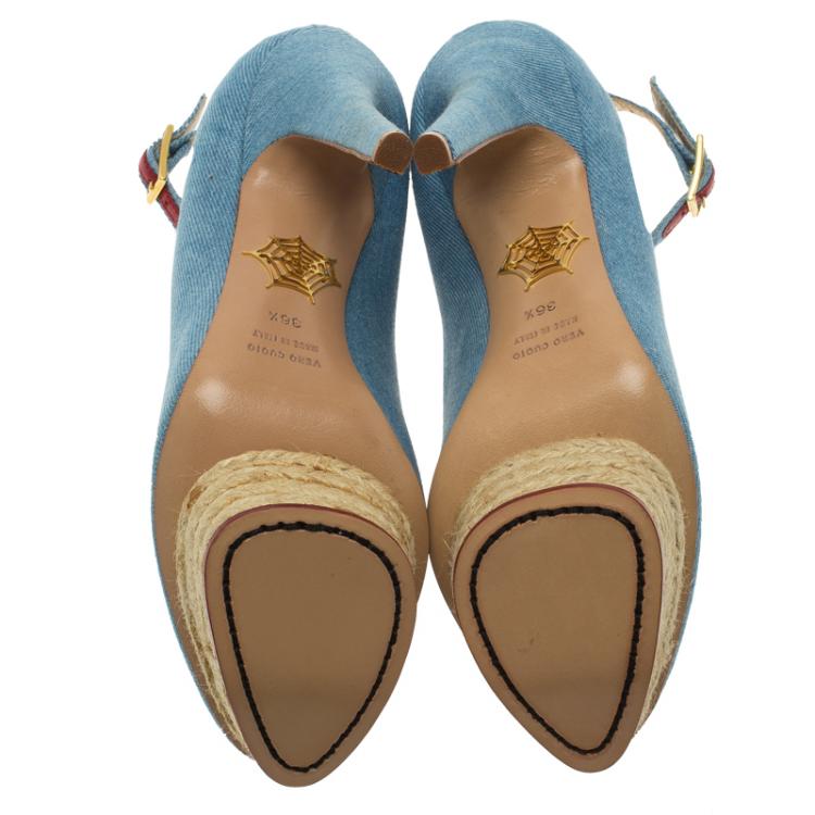 Pre Owned Charlotte Olympia Blue Denim Dolores Ankle Strap Pumps Size 36.5