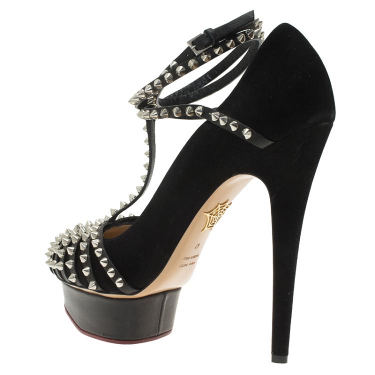مملوكة مسبقًا Charlotte Olympia Black Studded Suede Angry Portia Ankle Strap Platform Pumps Size 41