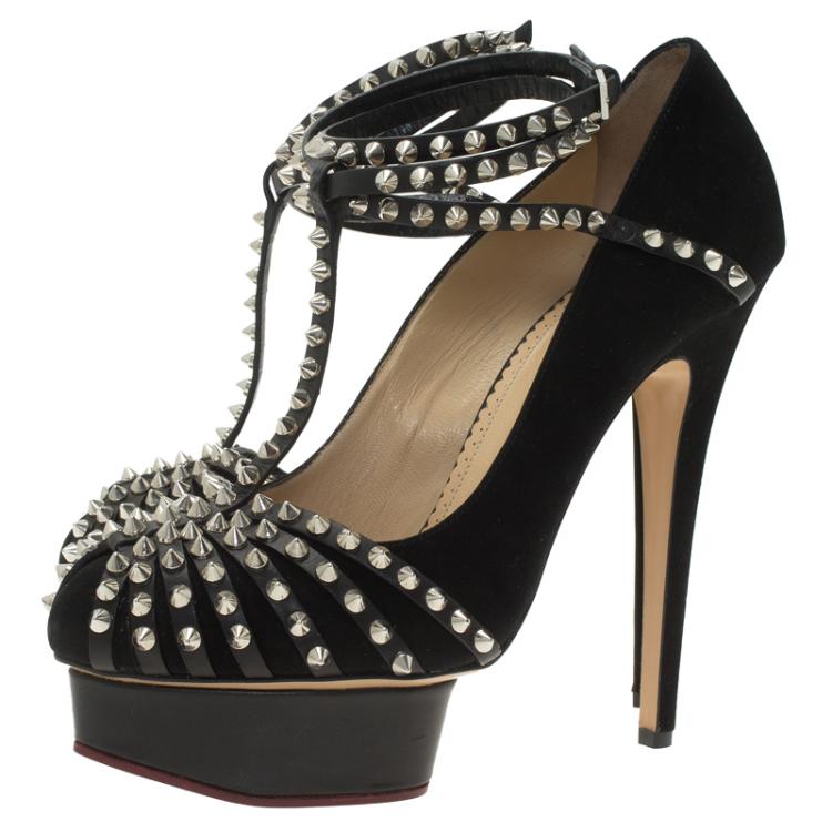 مملوكة مسبقًا Charlotte Olympia Black Studded Suede Angry Portia Ankle Strap Platform Pumps Size 41
