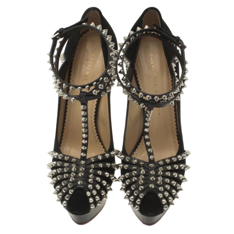 مملوكة مسبقًا Charlotte Olympia Black Studded Suede Angry Portia Ankle Strap Platform Pumps Size 41