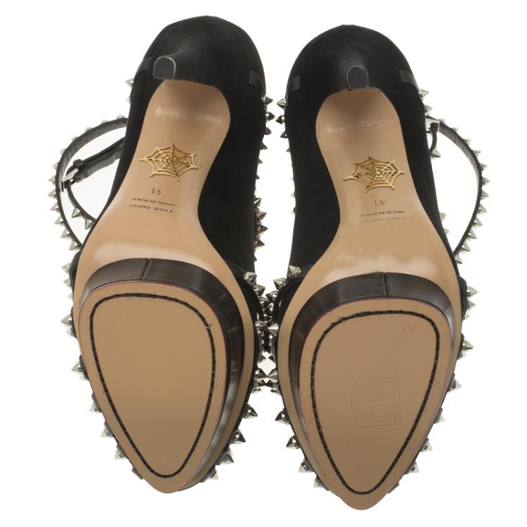 مملوكة مسبقًا Charlotte Olympia Black Studded Suede Angry Portia Ankle Strap Platform Pumps Size 41
