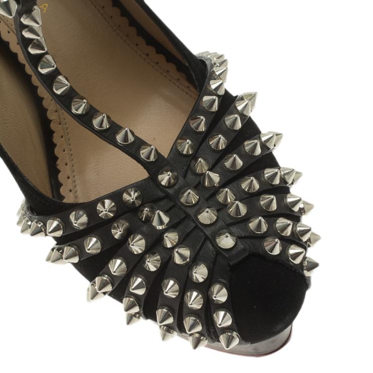 مملوكة مسبقًا Charlotte Olympia Black Studded Suede Angry Portia Ankle Strap Platform Pumps Size 41