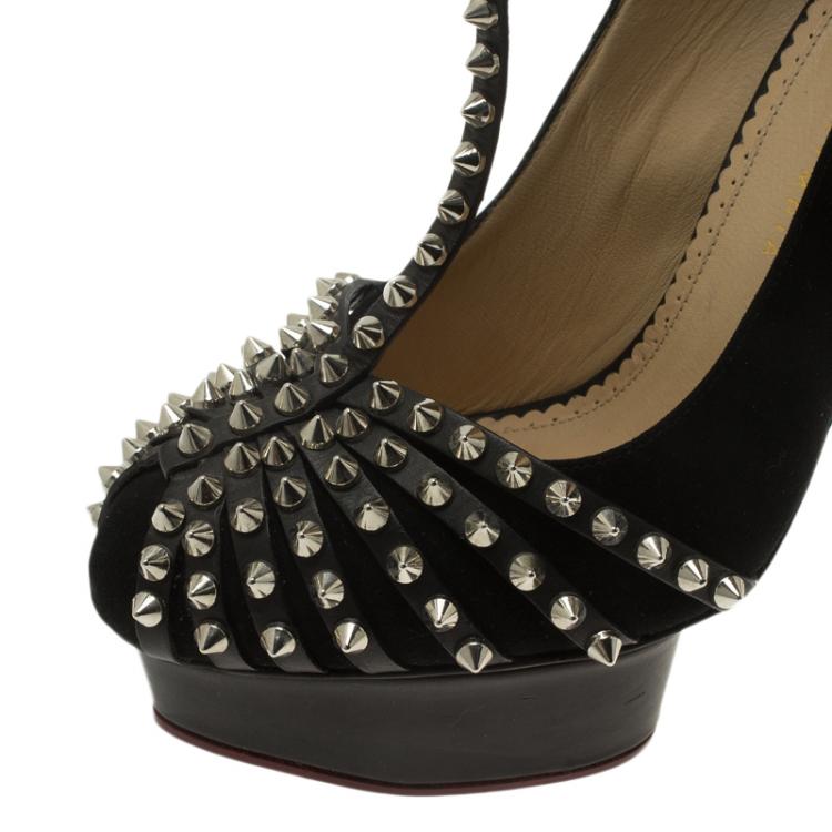 مملوكة مسبقًا Charlotte Olympia Black Studded Suede Angry Portia Ankle Strap Platform Pumps Size 41