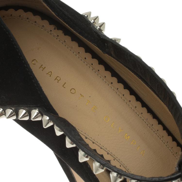 مملوكة مسبقًا Charlotte Olympia Black Studded Suede Angry Portia Ankle Strap Platform Pumps Size 41