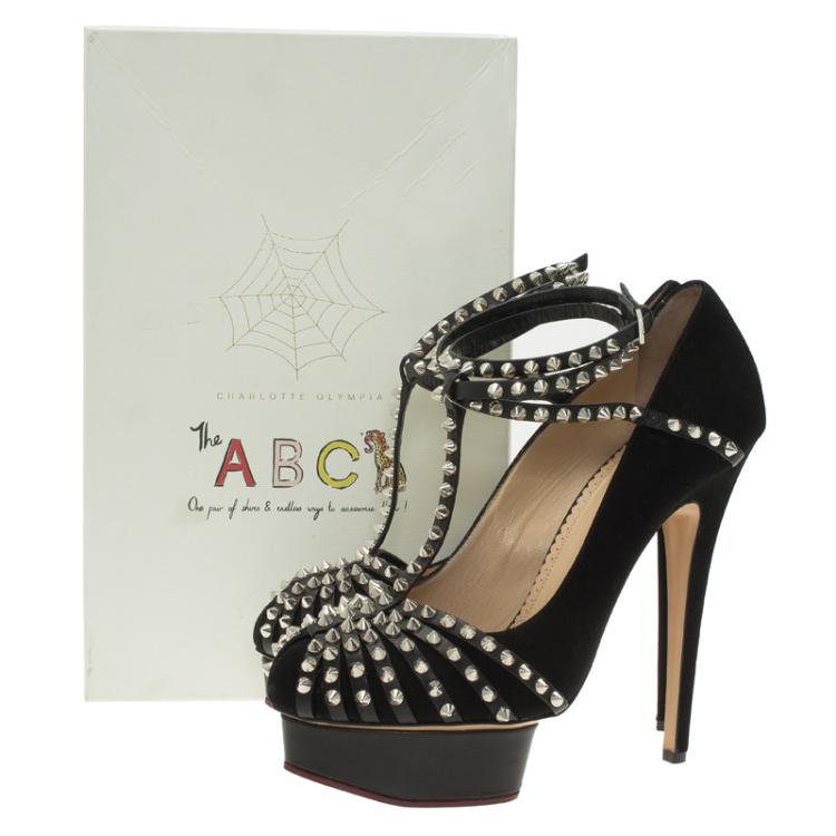 مملوكة مسبقًا Charlotte Olympia Black Studded Suede Angry Portia Ankle Strap Platform Pumps Size 41