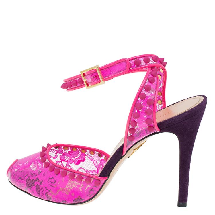 Pre Owned Charlotte Olympia Pink Lace Print PVC Soho Studded Ankle Strap Sandals Size 40
